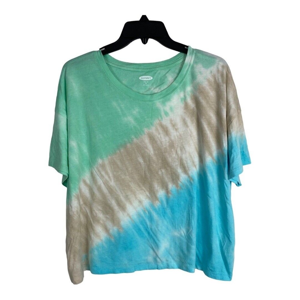 Old Navy Womens Tee Shirt Adult Size XL Cropped Blue Green Tie Dye Short Sleeve